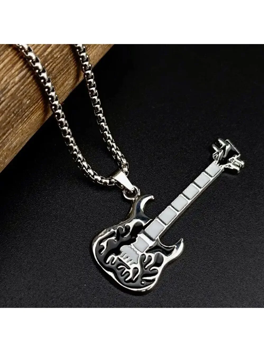 Royal Blue Flaming Guitar with White Neck Rocker Necklace and Pendant 1559